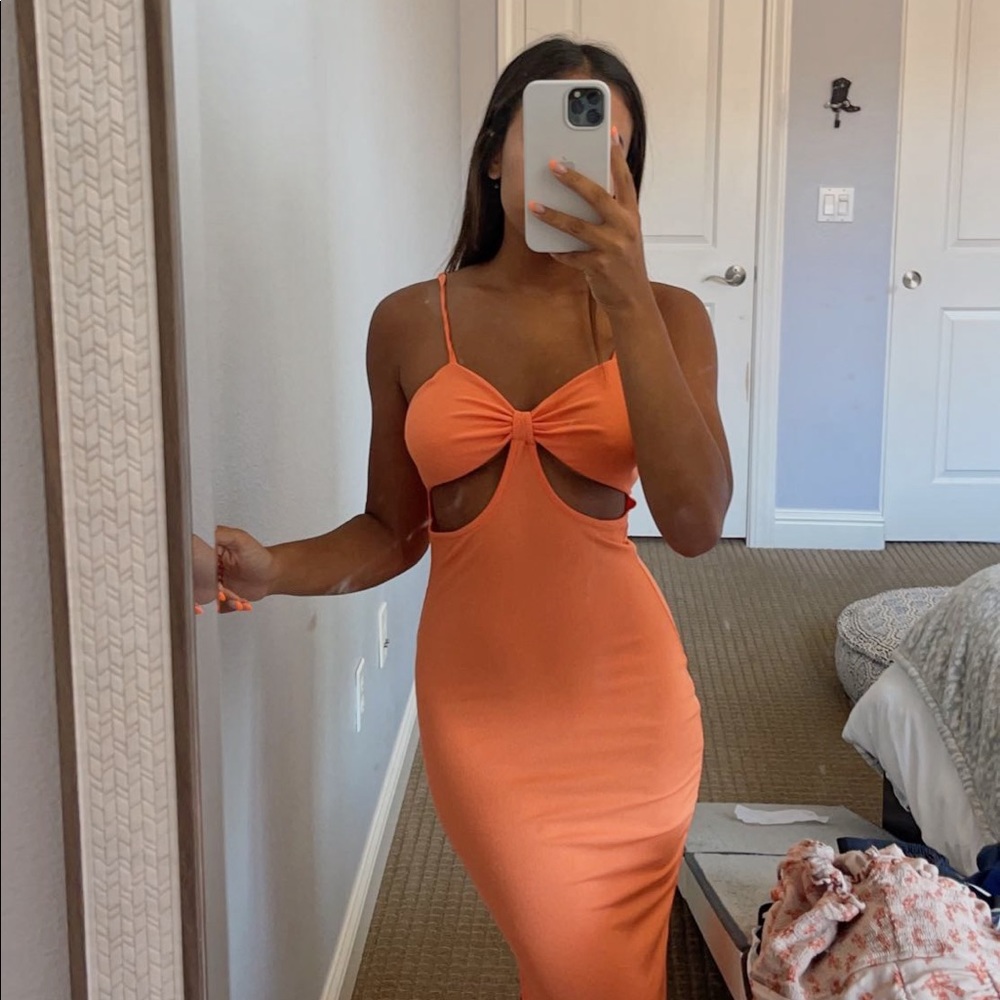 Hollow out side slit maxi dress in neon orange
